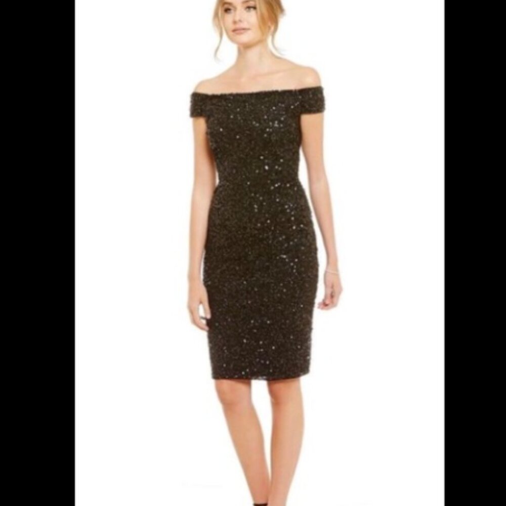 Adrianna Papell Black Sequin Off-Shoulder Midi Evening Party Dress MI3